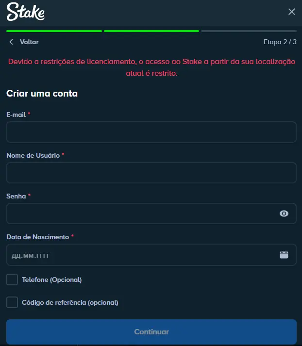 Formulário rápido para criar conta de jogador