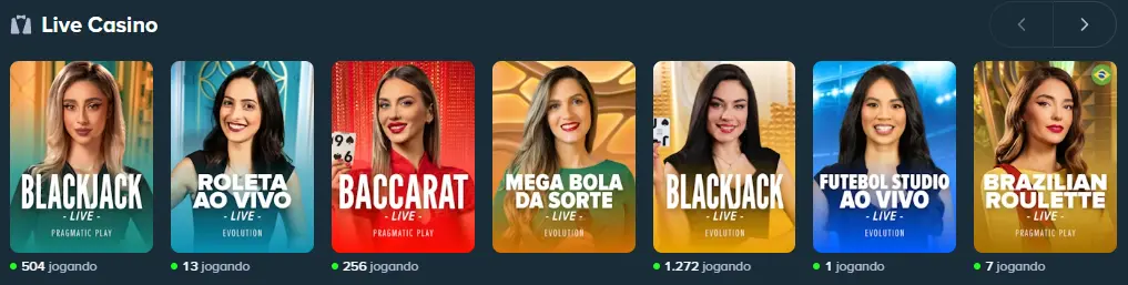 Biblioteca de jogos de mesa, slots e casino ao vivo